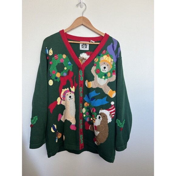 Storybook Knit VTG 3D Teddy Bear Christmas Knit Cardigan Novelty Sweater Grandma - Picture 1 of 11